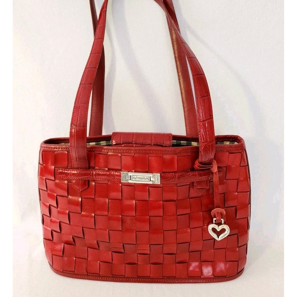 Brighton Red Leather Woven Basket Weave Leather Shoulder Bag Satchel Croc Straps